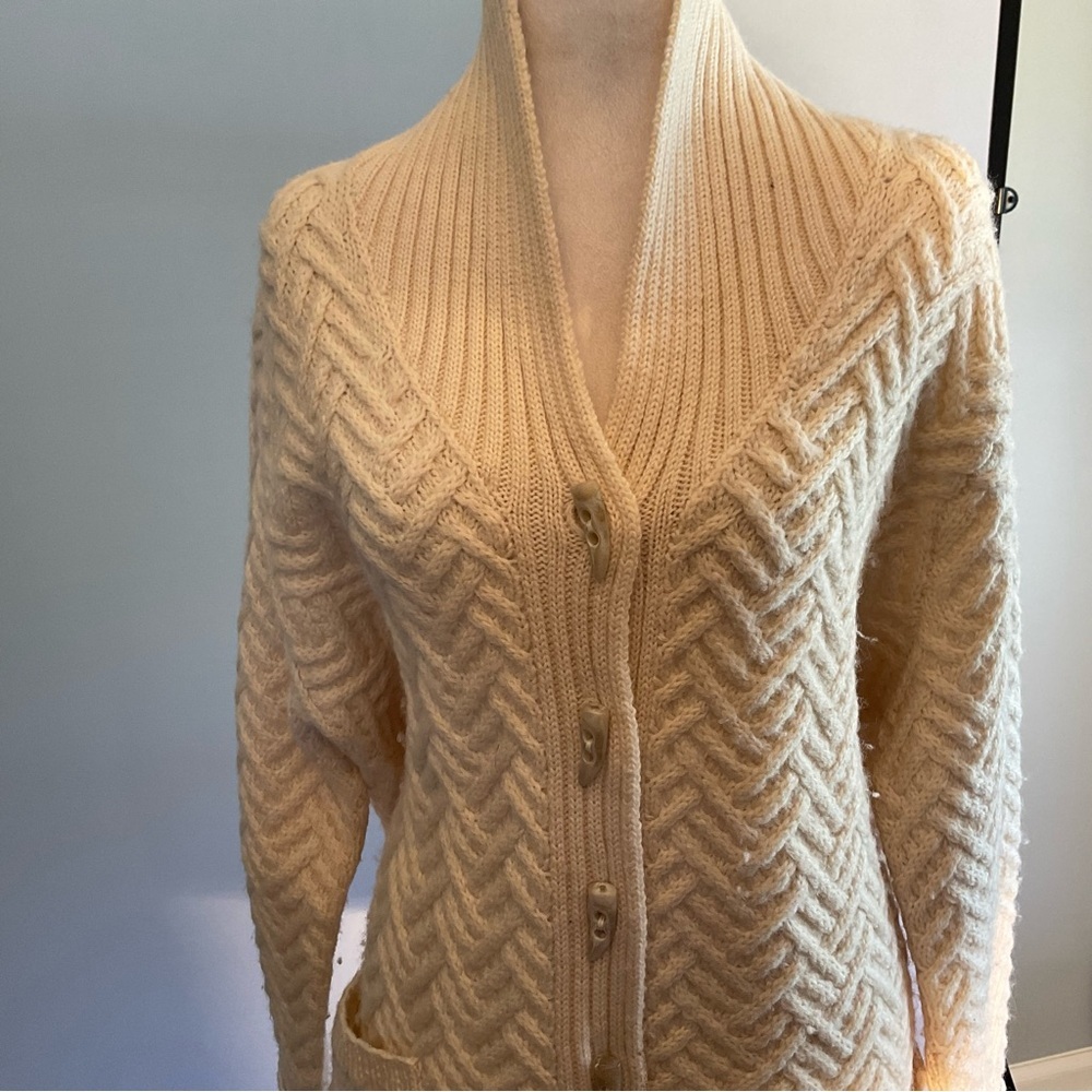 Nordic Design 100% Wool Shawl Collar Cardigan Cream Chunky Knit L - Picture 11 of 14